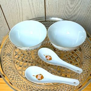 Vintage Golden China Porcelain Rice Soup Bowls (2) Spoons Birds Floral Taiwan